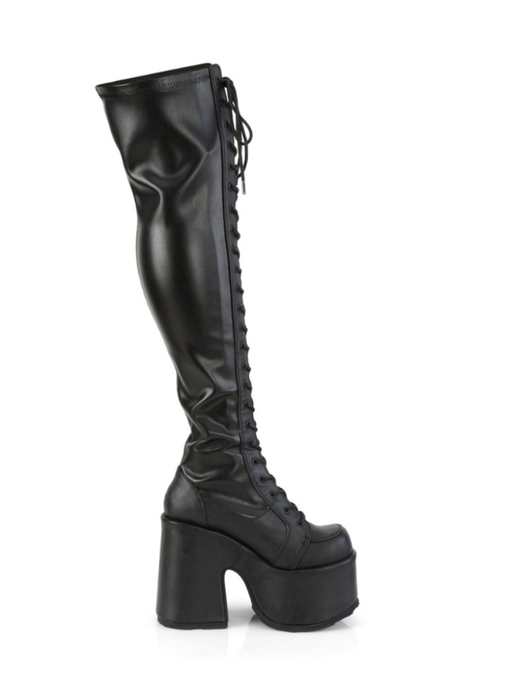 Chunky 5 Inch Heel Vegan Leather Stretch Thigh-High Boots with Side Metal Zip